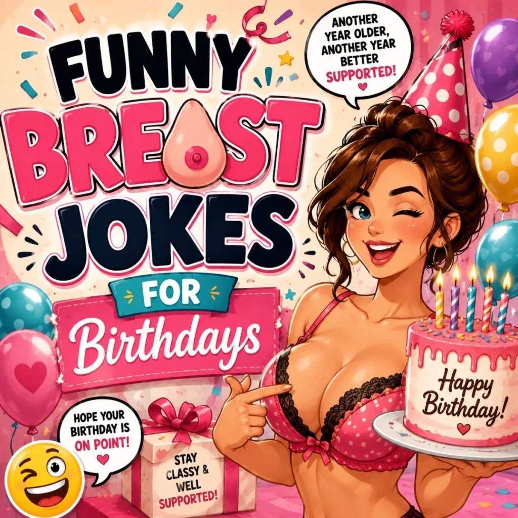 Funny breast jokes for birthdays cartoon with birthday cake, balloons, and playful birthday humor illustration