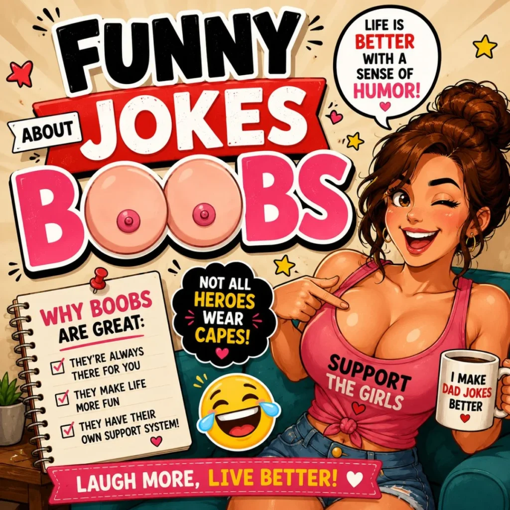 Funny jokes about boobs cartoon illustration with playful comic design, smiling character, and humorous wordplay