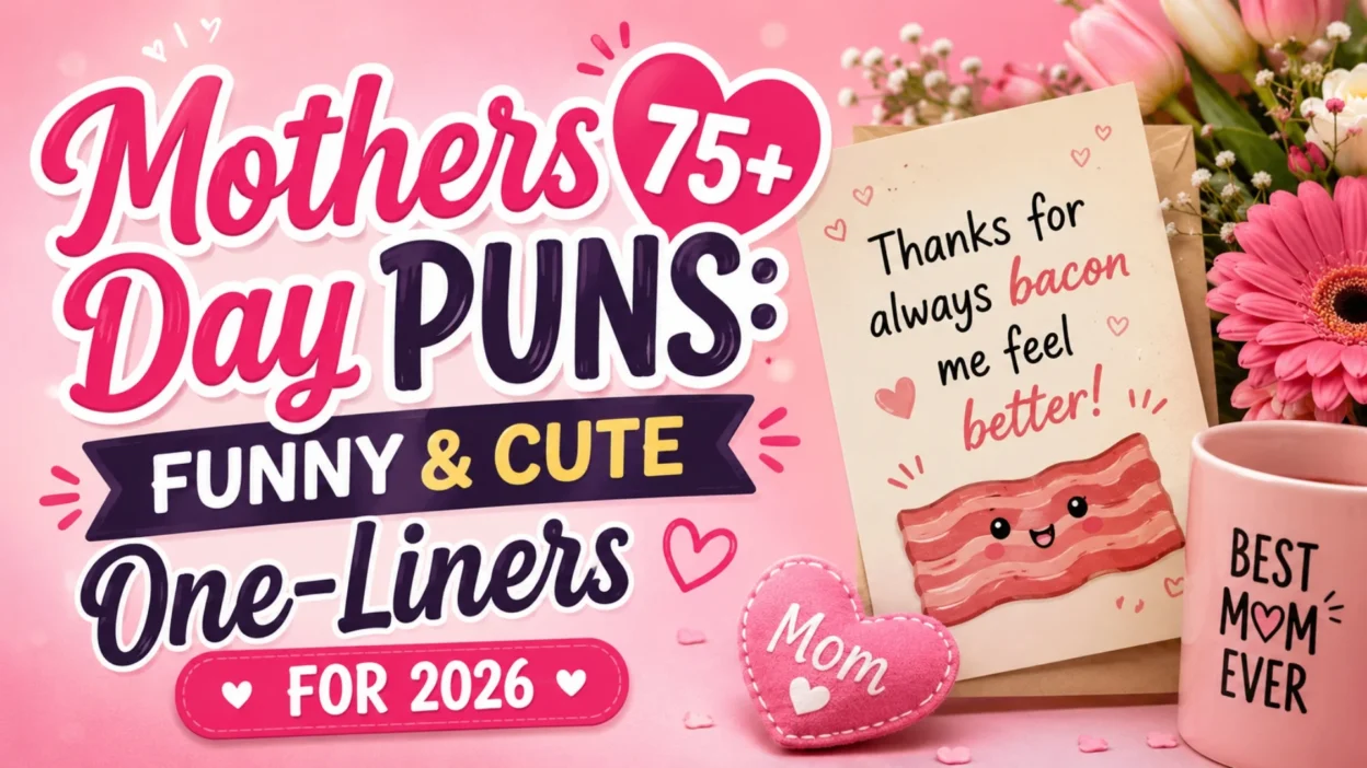 Funny mothers day puns graphic with flowers, cute card, and one-liner jokes for Mother’s Day 2026
