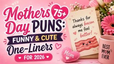 Funny mothers day puns graphic with flowers, cute card, and one-liner jokes for Mother’s Day 2026