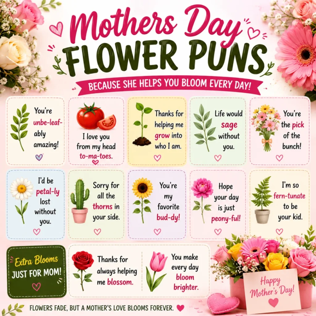 Cute mothers day flower puns graphic with pink flowers and funny floral one-liners for Mother’s Day 2026