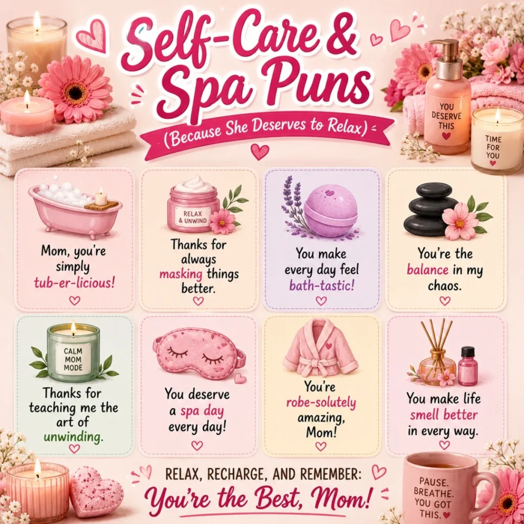 Cute self-care and spa Mother’s Day puns graphic with candles, bath items, and relaxing mom jokes