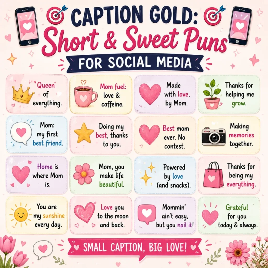 Short and sweet mothers day puns graphic with cute social media captions and pastel illustrations