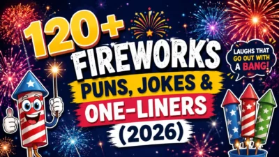 Colorful fireworks puns banner with cartoon rockets, bright fireworks, and funny one-liners for celebrations in 2026