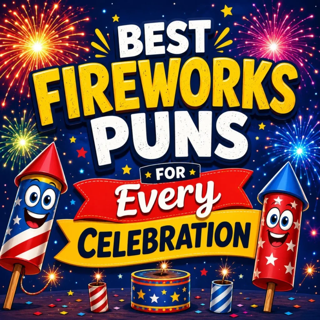 Best fireworks puns for every celebration with colorful fireworks, smiling rockets, and festive party illustration