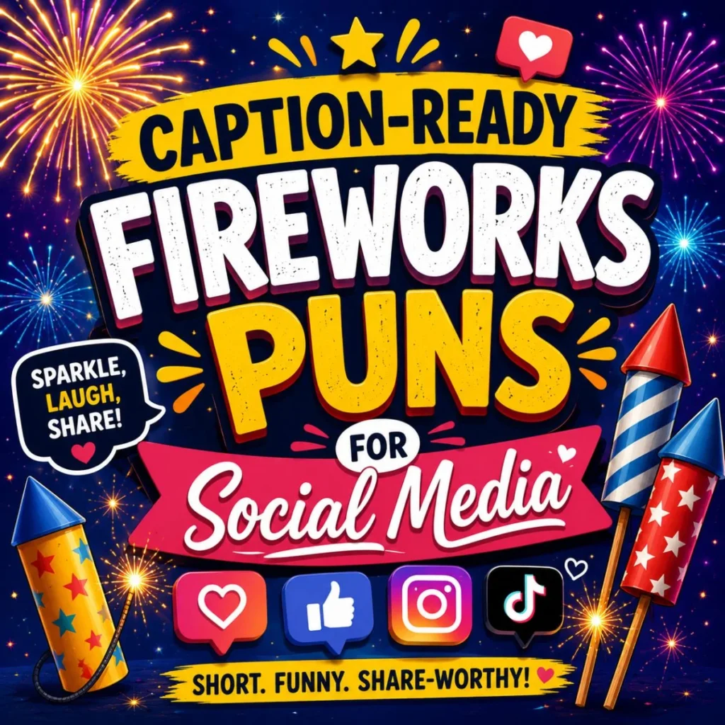 Caption-ready fireworks puns for social media with colorful fireworks, rockets, and festive icons for Instagram and TikTok