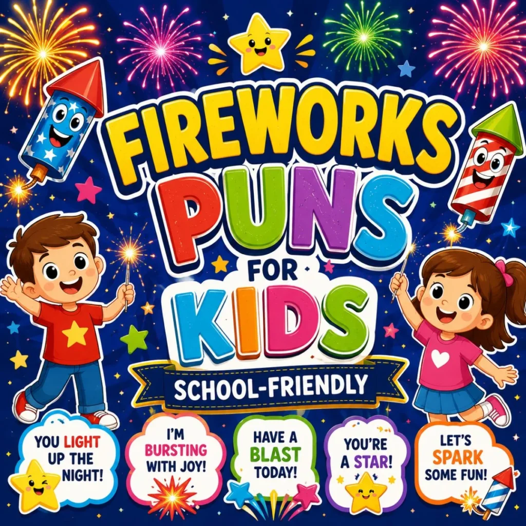 School-friendly fireworks puns for kids with colorful fireworks, happy children, cartoon rockets, and fun celebration theme