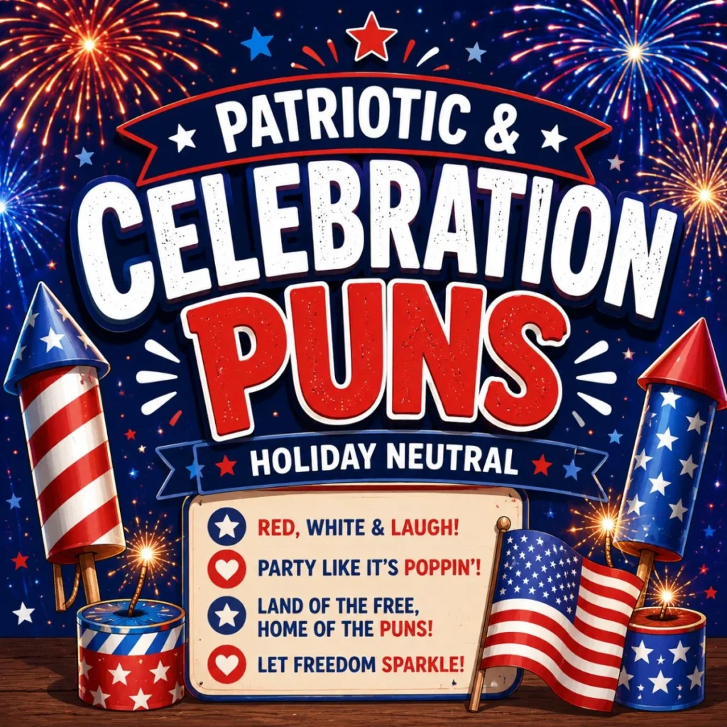 Patriotic and celebration fireworks puns with colorful fireworks, festive rockets, stars, and holiday-themed party illustration