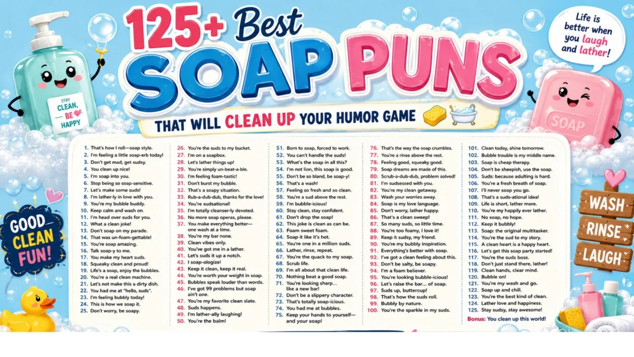 Colorful soap puns infographic featuring 125+ funny soap jokes, bubbles, cartoon soap bars, and bath-themed humor.