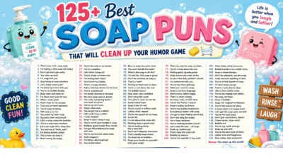 Colorful soap puns infographic featuring 125+ funny soap jokes, bubbles, cartoon soap bars, and bath-themed humor.