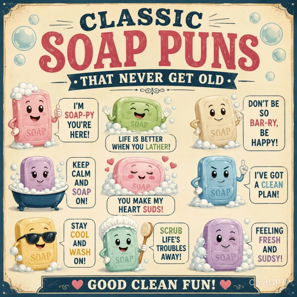 Classic soap puns poster with cute cartoon soap bars, bubbles, and funny clean humor quotes