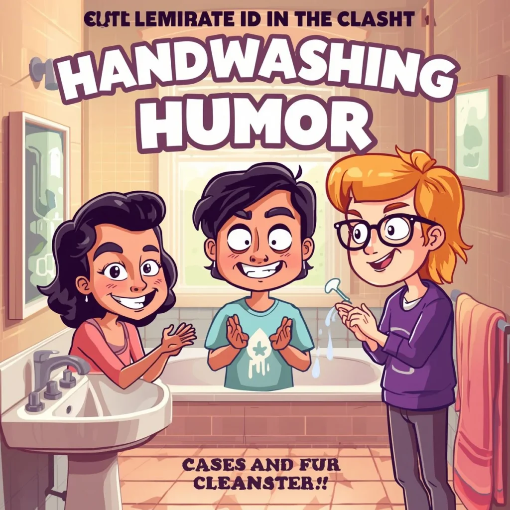 Handwashing humor poster with cute soap characters, bubbles, and funny hygiene-themed puns