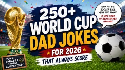 250+ World Cup dad jokes for 2026 with FIFA trophy, soccer ball, and funny football humor in a lively stadium