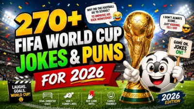 270+ FIFA World Cup jokes and puns for 2026 featuring a football stadium, World Cup trophy, and smiling soccer ball