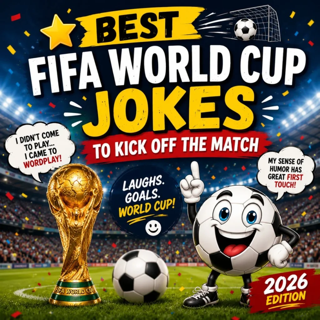 Best FIFA World Cup jokes to kick off the match with a football trophy, soccer ball, and stadium background