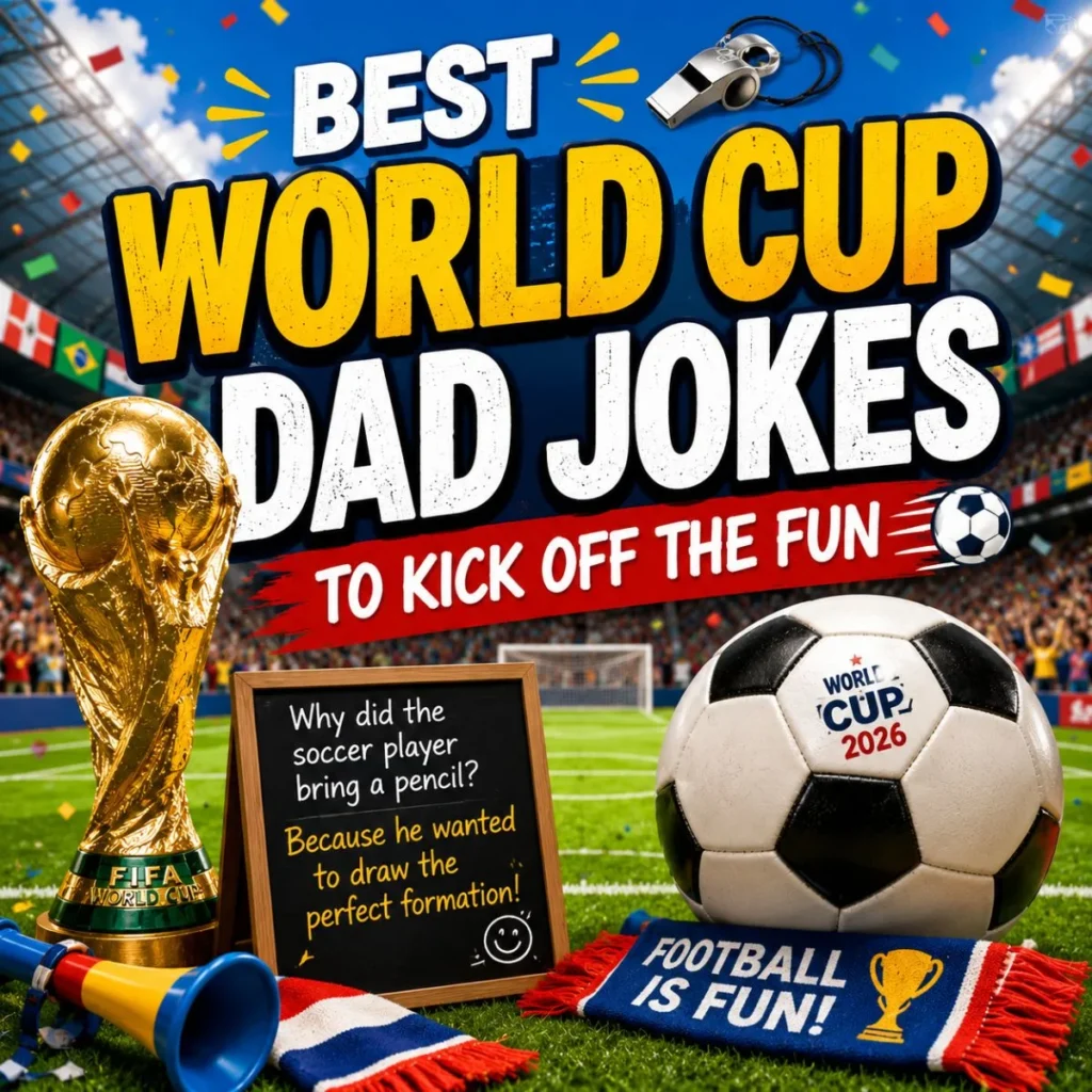 Best World Cup dad jokes with FIFA trophy, soccer ball, and funny football humor in a vibrant stadium setting
