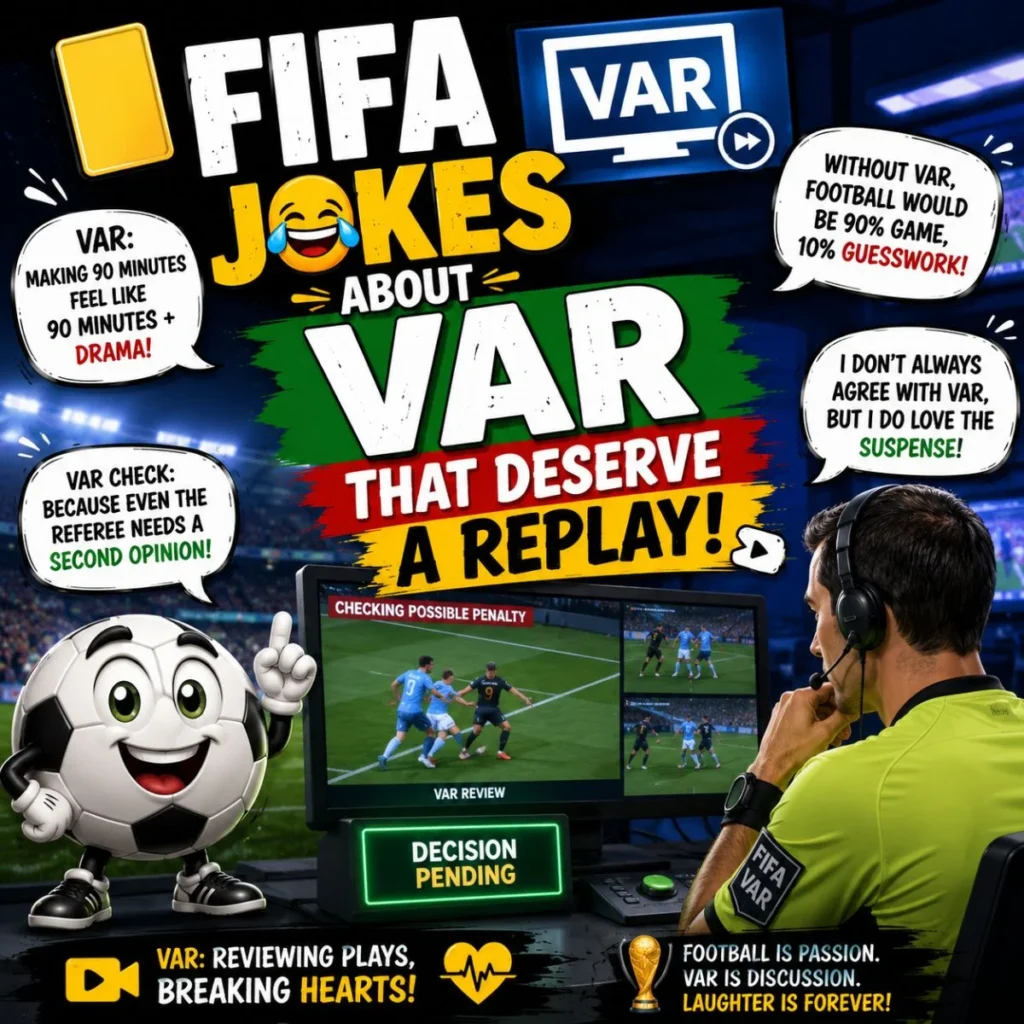 Funny FIFA jokes about VAR with a referee reviewing a match, video replay screen, and football-themed humor