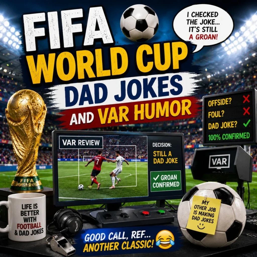 FIFA World Cup dad jokes and VAR humor with trophy, VAR review screen, soccer ball, and football stadium