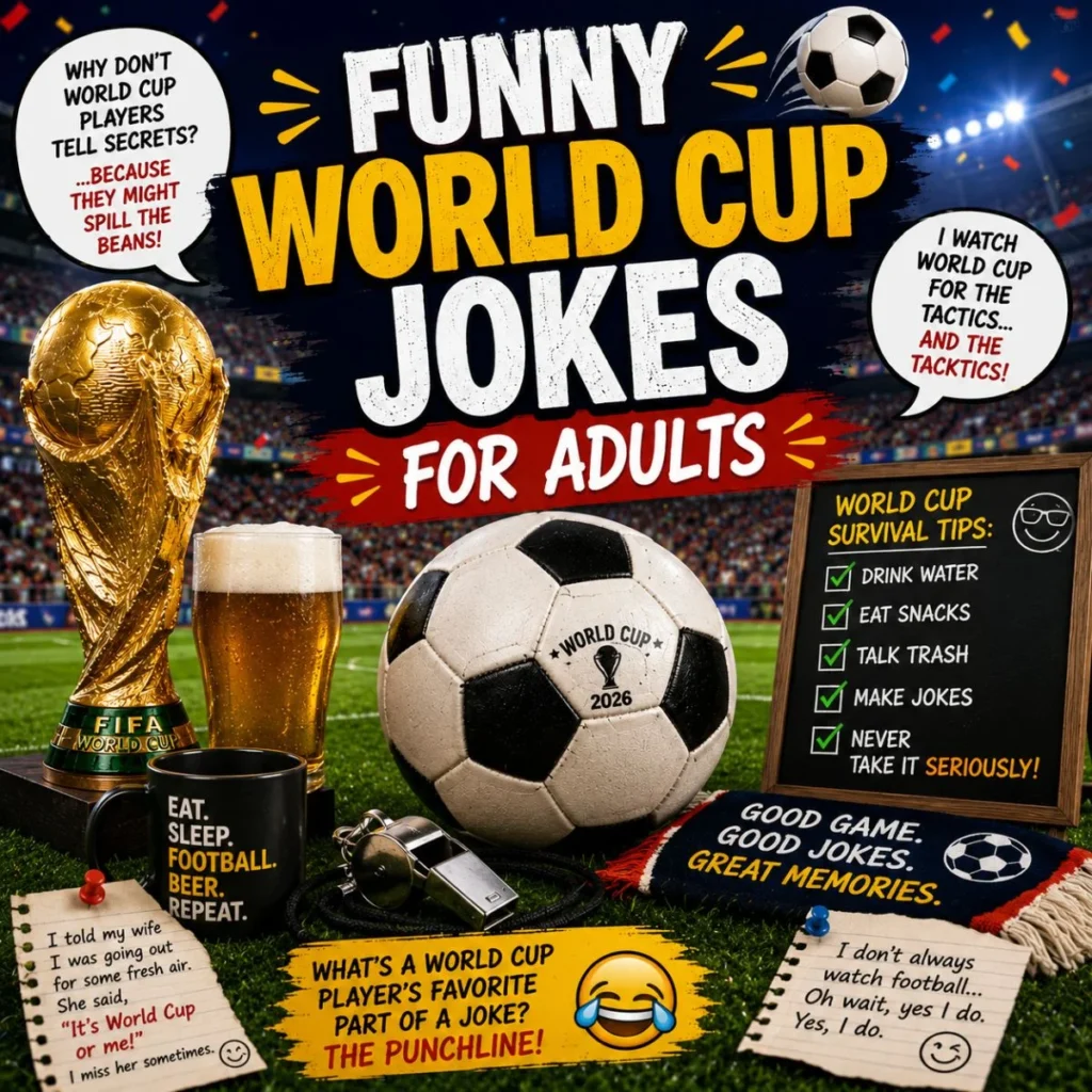 Funny World Cup jokes for adults with FIFA trophy, soccer ball, football humor, and stadium celebration scene