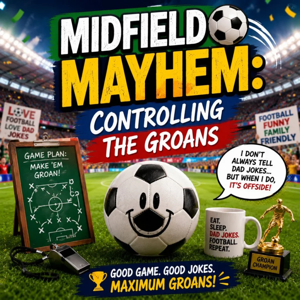 Midfield World Cup dad jokes with smiling soccer ball, football tactics board, and funny stadium scene