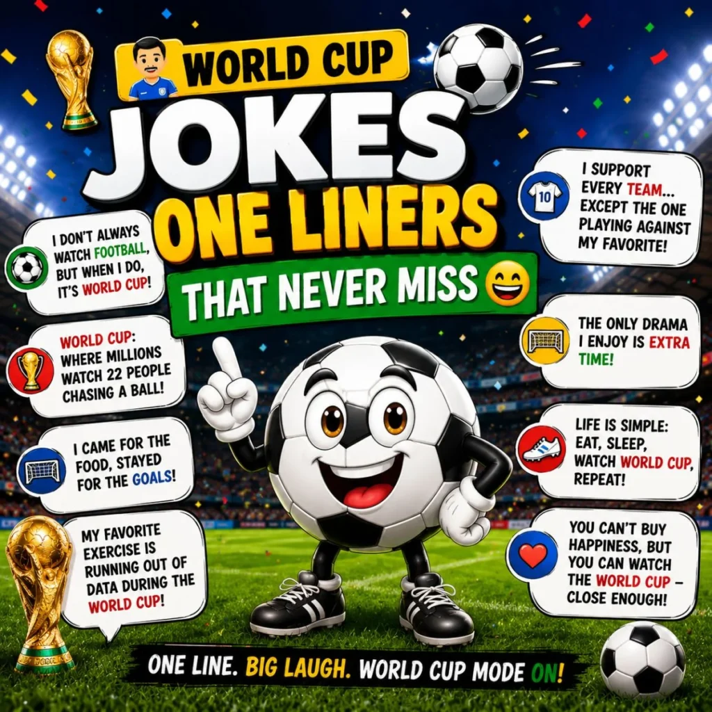 World Cup jokes one liners with a smiling soccer ball, football stadium, and funny match-day quotes